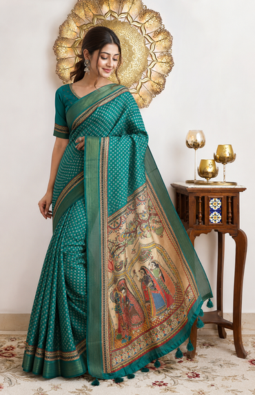 'Radha-Krishna' Madhubani Linen Saree with Stitched Designer Blouse