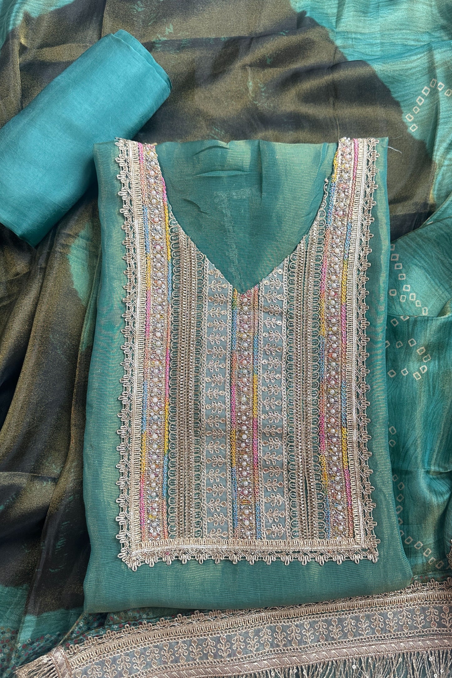 Rama green tissue silk Kiran lace unstitched suit