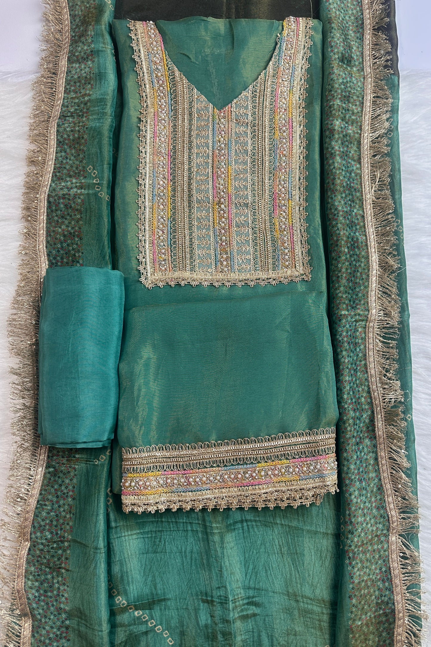 Rama green tissue silk Kiran lace unstitched suit