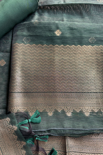 Mehndi Green Chanderi Gold Zari Jamdani Weaving Unstitched suit Set