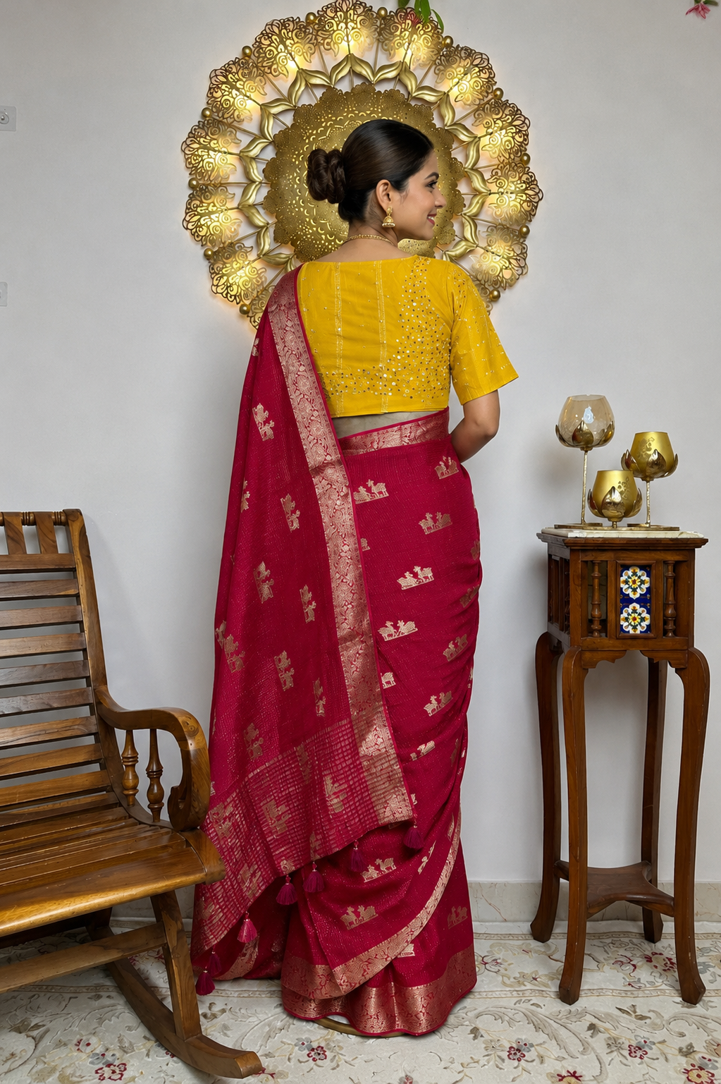 Rani Pink Georgette Viscose Saree with hand Embroidered Designer Stitched Blouse