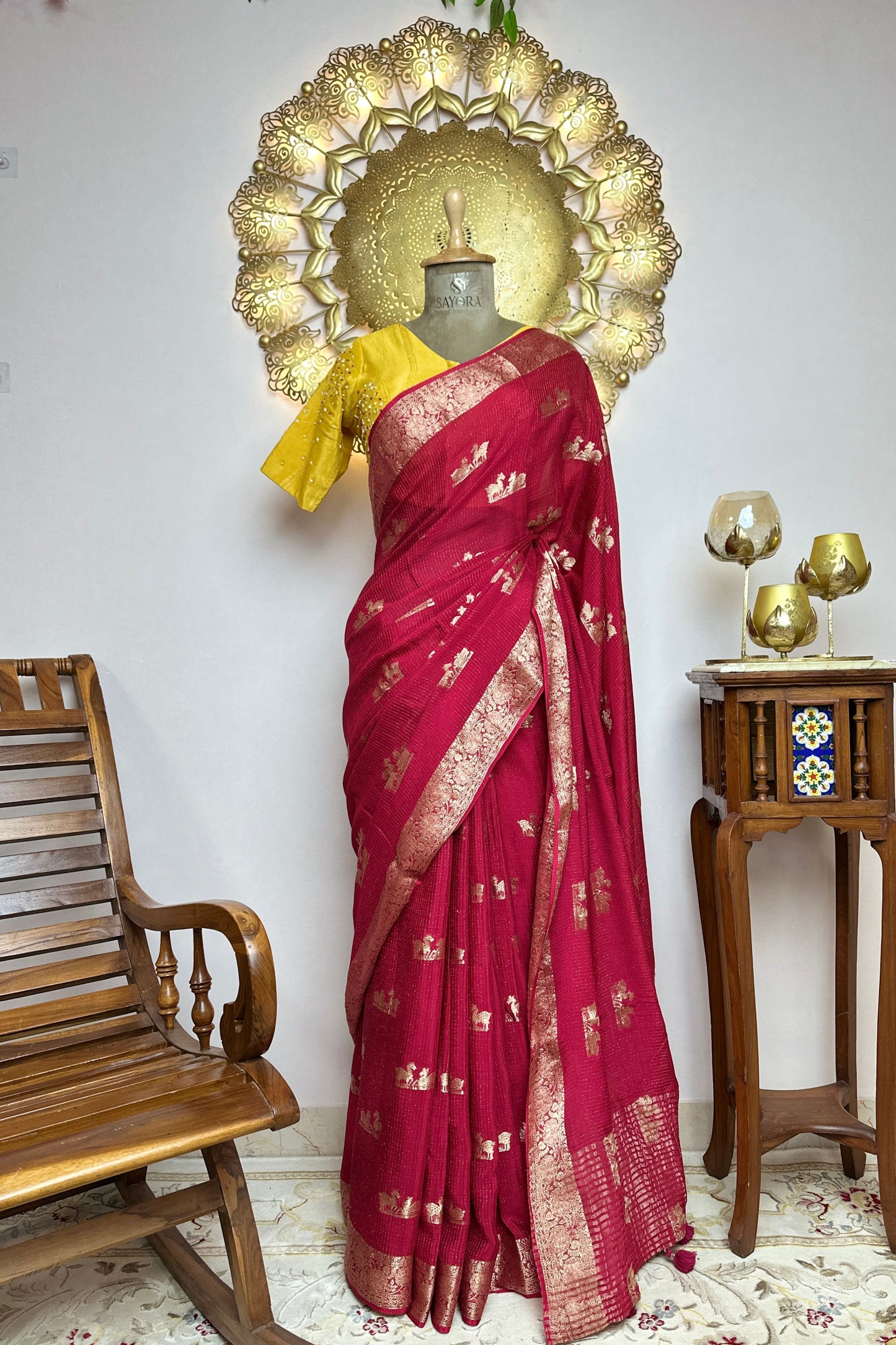 Rani Pink Georgette Viscose Saree with hand Embroidered Designer Stitched Blouse