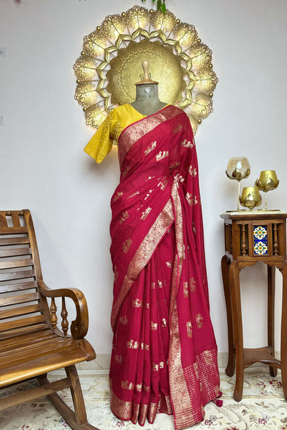 Rani Pink Georgette Viscose Saree with hand Embroidered Designer Stitched Blouse