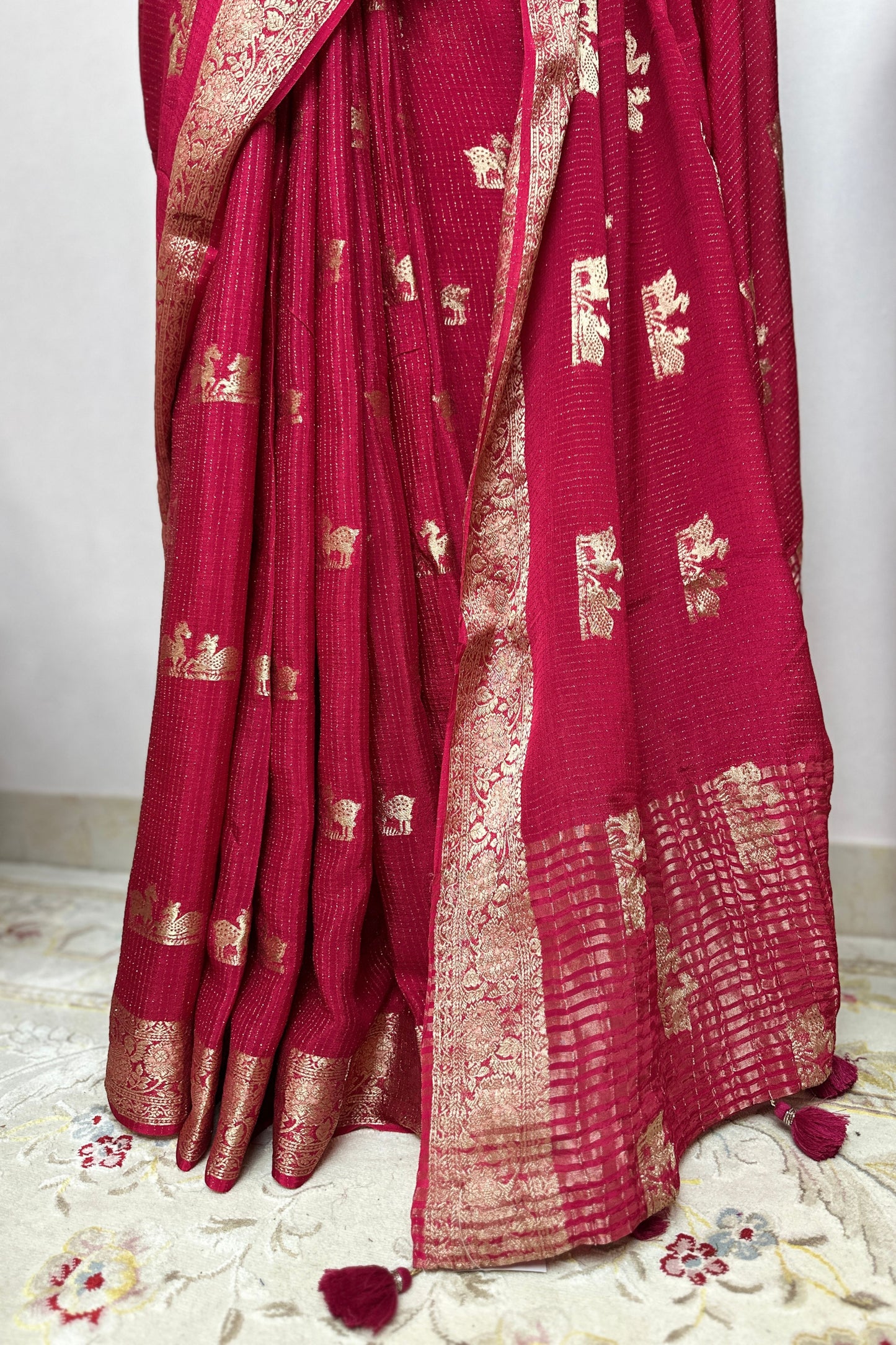 Rani Pink Georgette Viscose Saree with hand Embroidered Designer Stitched Blouse