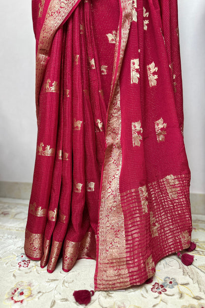 Rani Pink Georgette Viscose Saree with hand Embroidered Designer Stitched Blouse