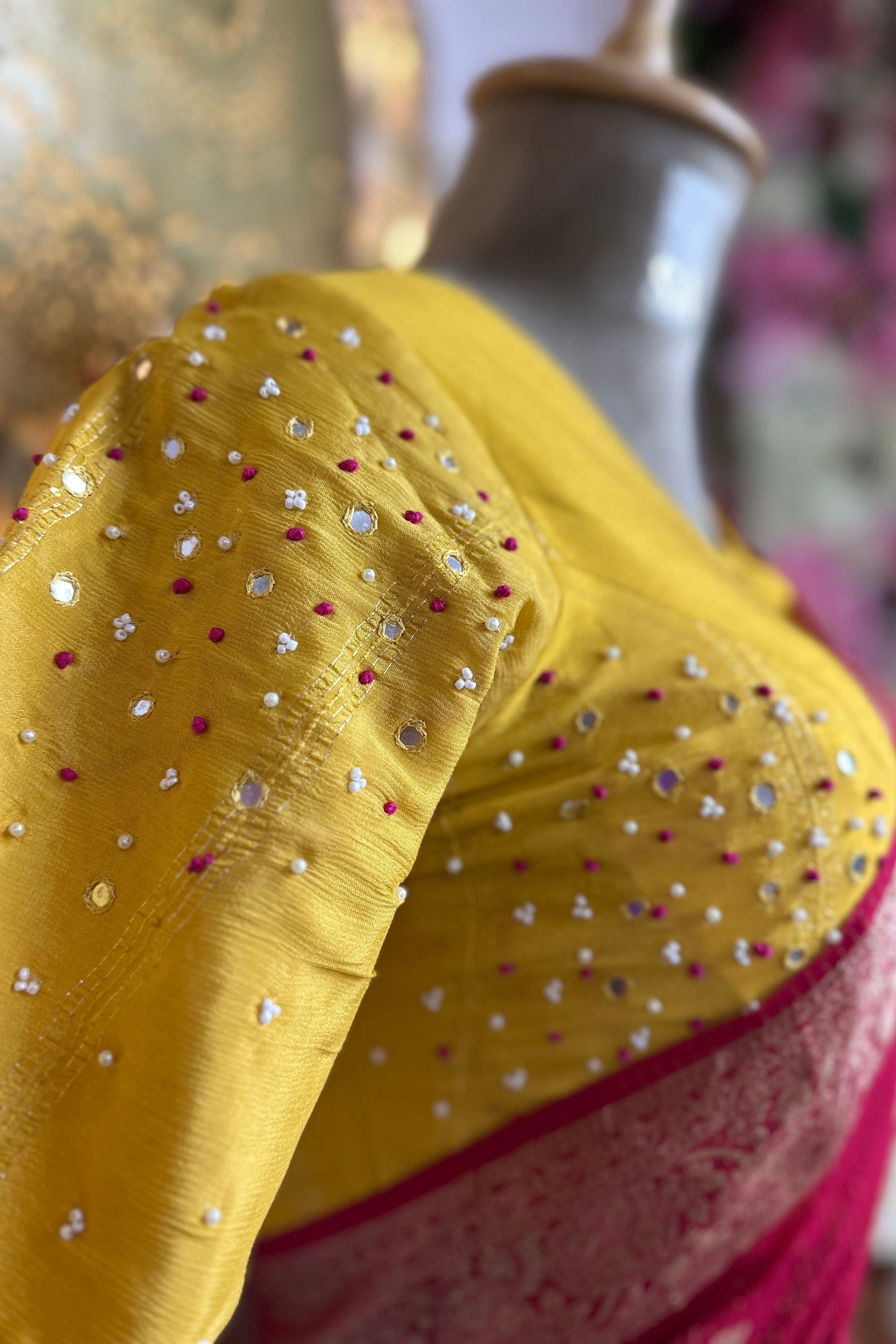 Rani Pink Georgette Viscose Saree with hand Embroidered Designer Stitched Blouse