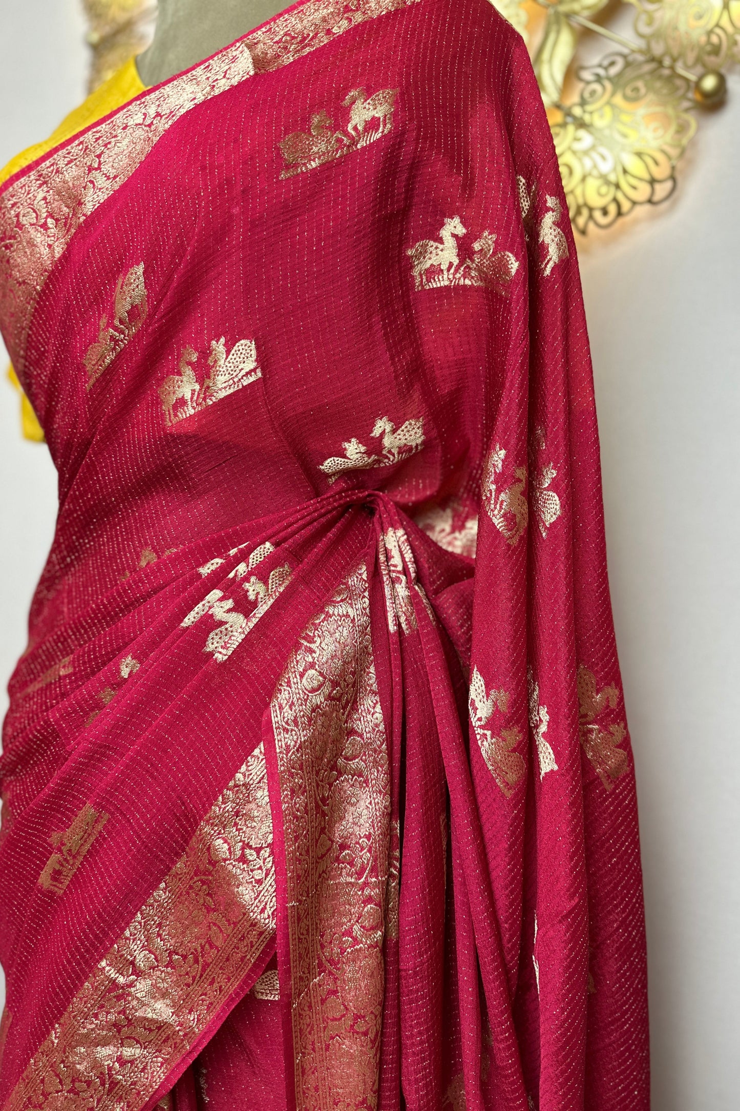Rani Pink Georgette Viscose Saree with hand Embroidered Designer Stitched Blouse