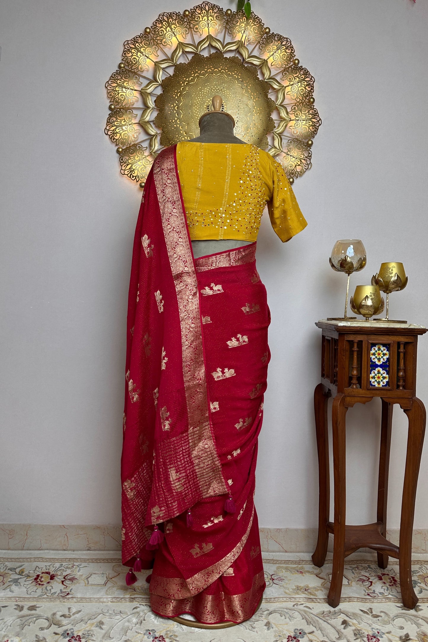 Rani Pink Georgette Viscose Saree with hand Embroidered Designer Stitched Blouse