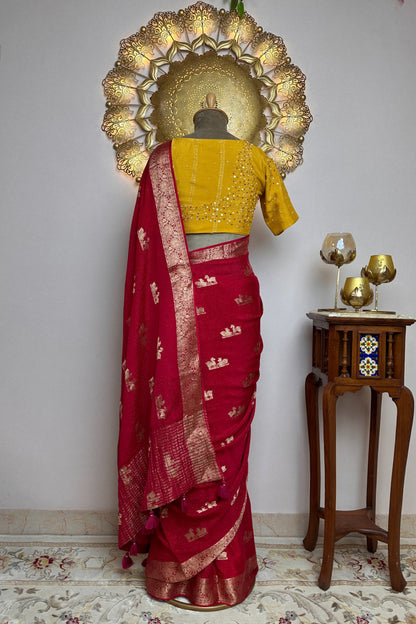 Rani Pink Georgette Viscose Saree with hand Embroidered Designer Stitched Blouse