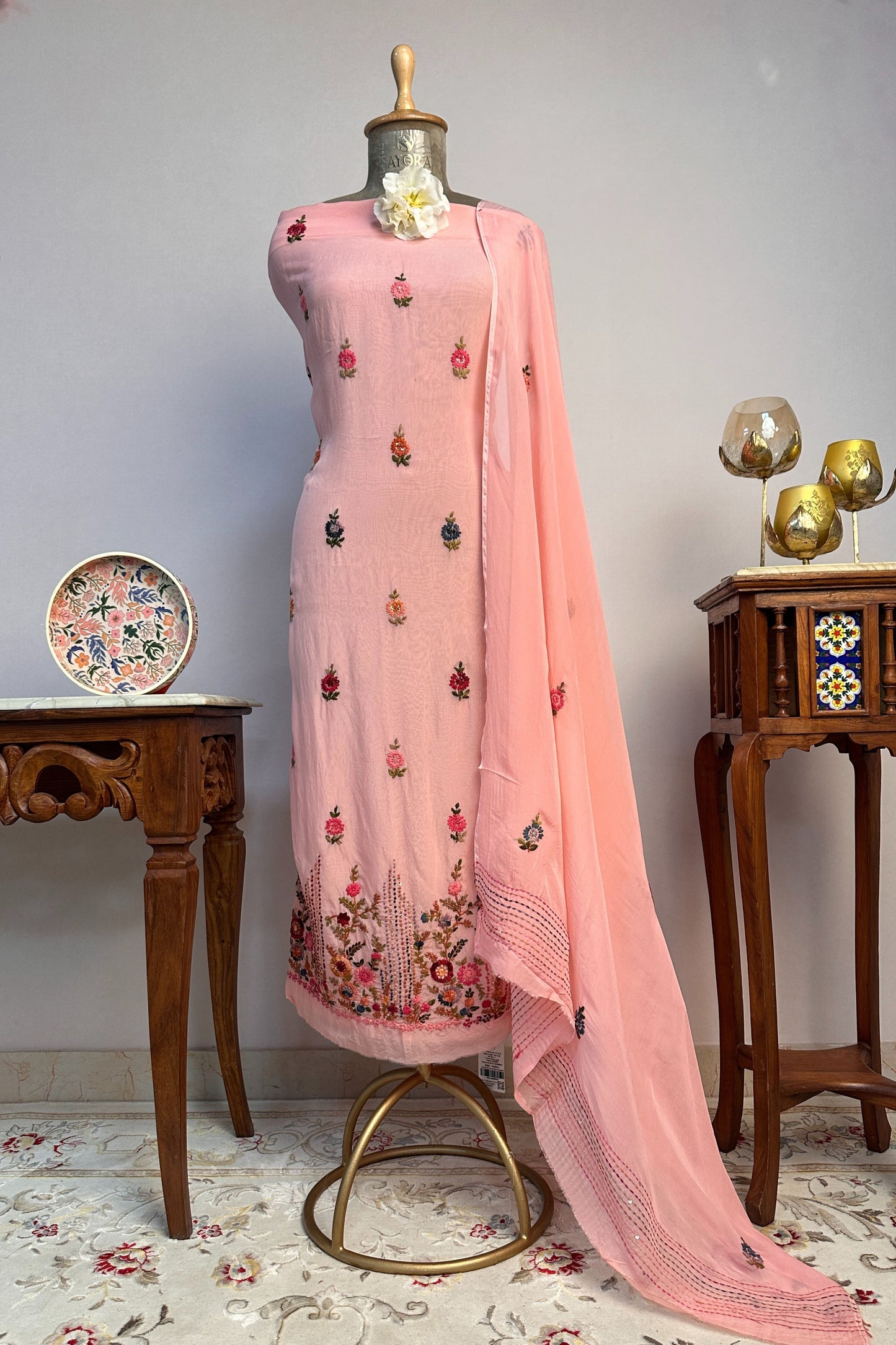 Rose Pink Pure Organza Silk Unstitched Suit Set With Hand Embroidery & Matching Dupatta
