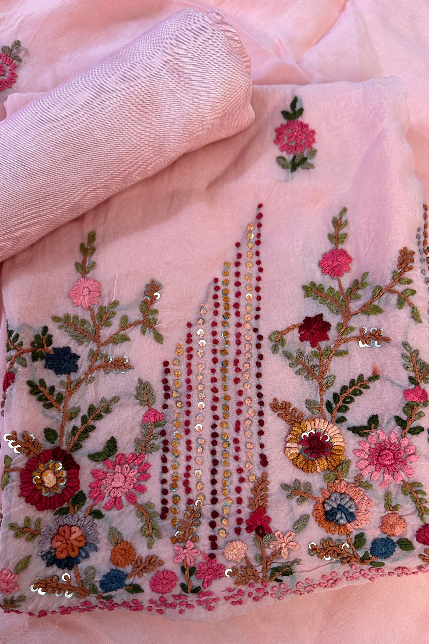 Rose Pink Pure Organza Silk Unstitched Suit Set With Hand Embroidery & Matching Dupatta