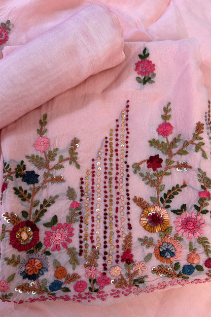 Rose Pink Pure Organza Silk Unstitched Suit Set With Hand Embroidery & Matching Dupatta