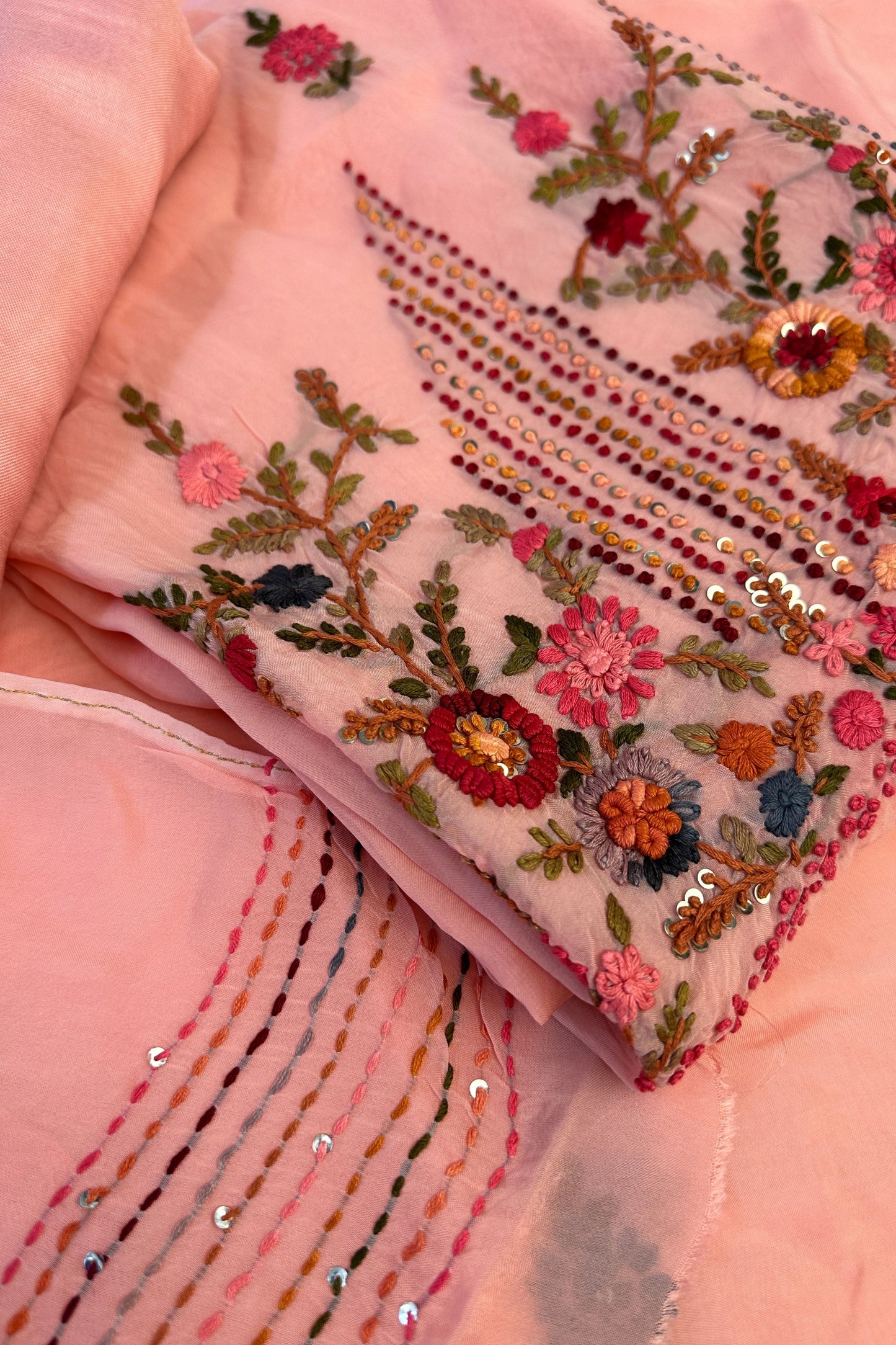 Rose Pink Pure Organza Silk Unstitched Suit Set With Hand Embroidery & Matching Dupatta