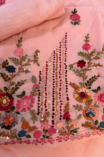 Rose Pink Pure Organza Silk Unstitched Suit Set With Hand Embroidery & Matching Dupatta
