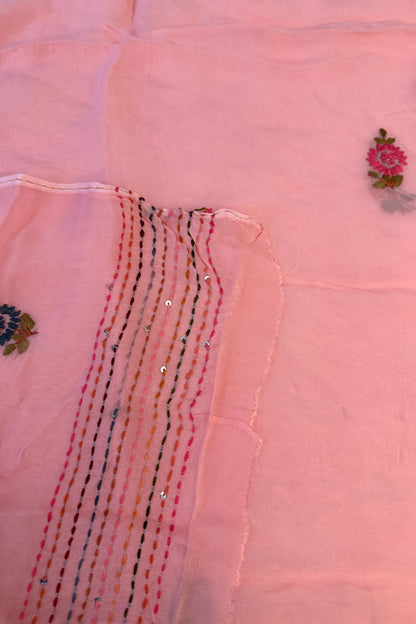 Rose Pink Pure Organza Silk Unstitched Suit Set With Hand Embroidery & Matching Dupatta