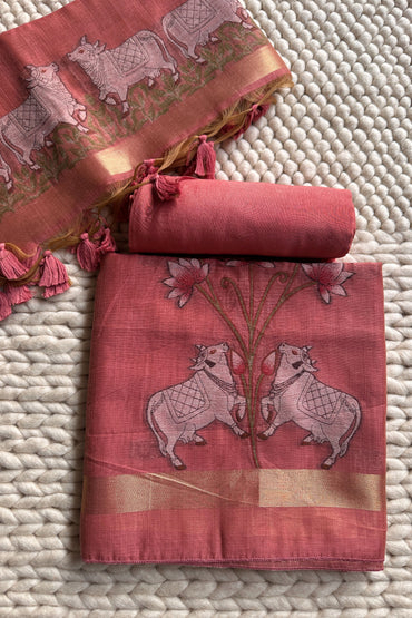 Rust Brown Pichwai Jamdani Weaving Linen Chanderi Unstitched Suit Set