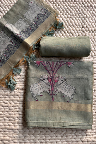Sage Green Pichwai Jamdani Weaving Linen Chanderi Unstitched Suit Set