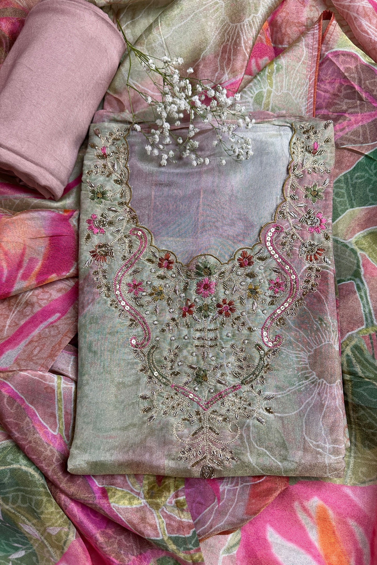 Semi-Stitched Chinon,Mint Green Suit Set with Digital Printing And Dori Work