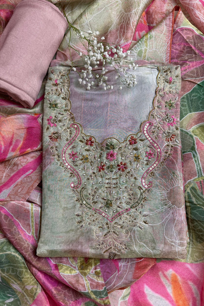 Semi-Stitched Chinon,Mint Green Suit Set with Digital Printing And Dori Work