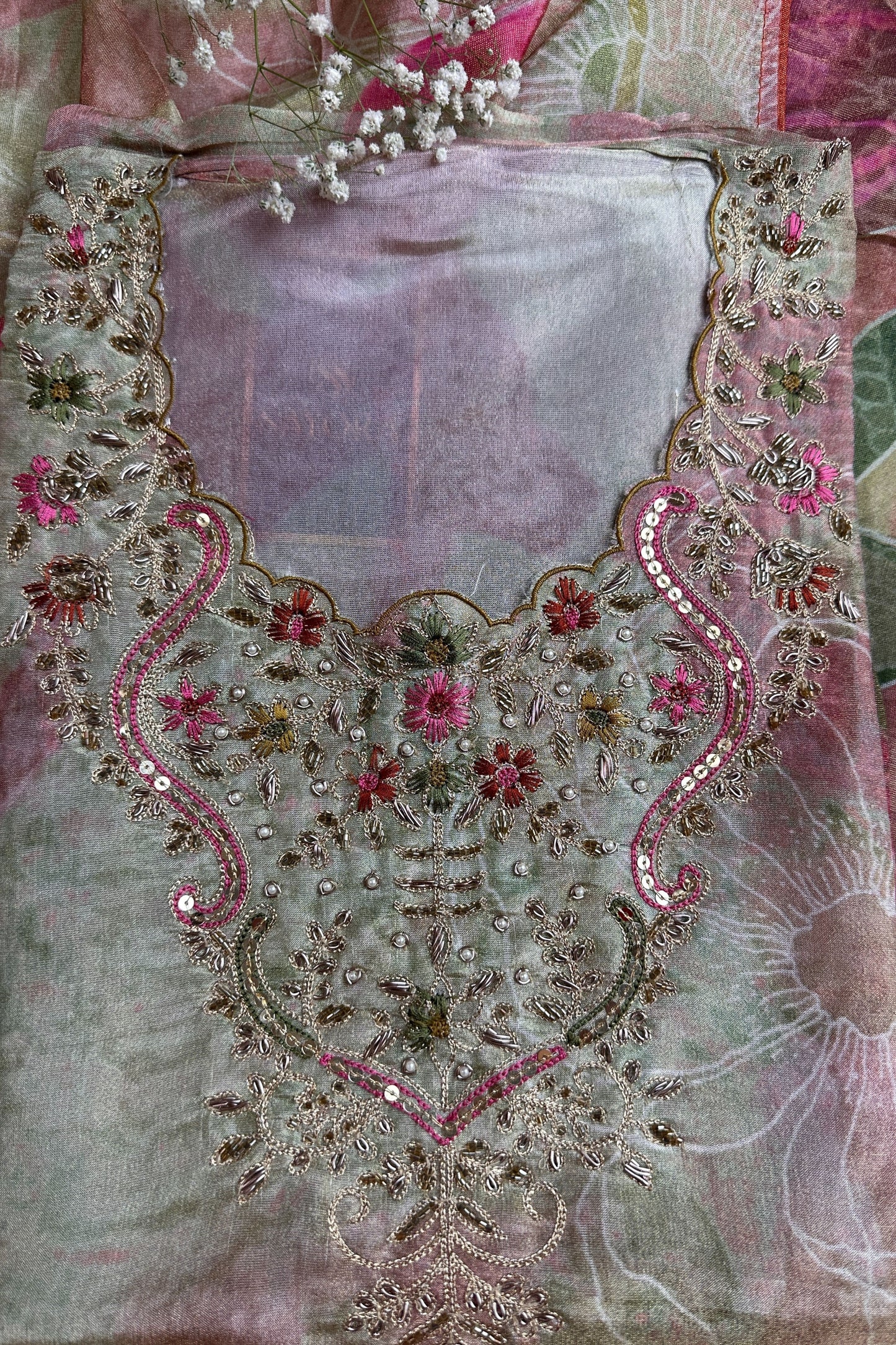 Semi-Stitched Chinon,Mint Green Suit Set with Digital Printing And Dori Work