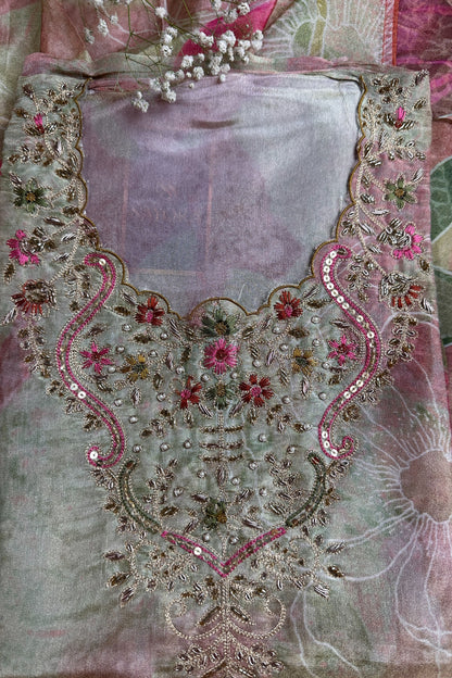 Semi-Stitched Chinon,Mint Green Suit Set with Digital Printing And Dori Work