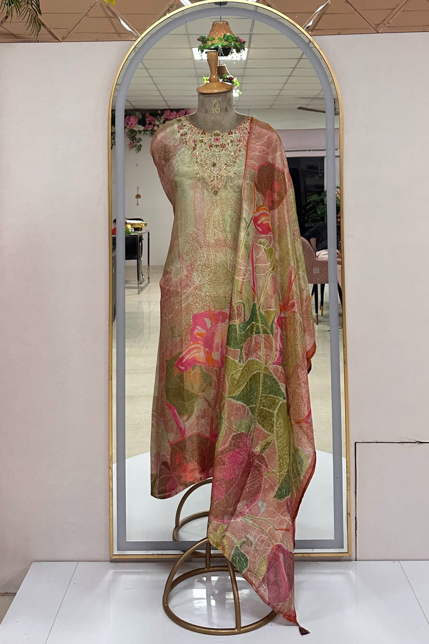 Semi-Stitched Chinon,Mint Green Suit Set with Digital Printing And Dori Work