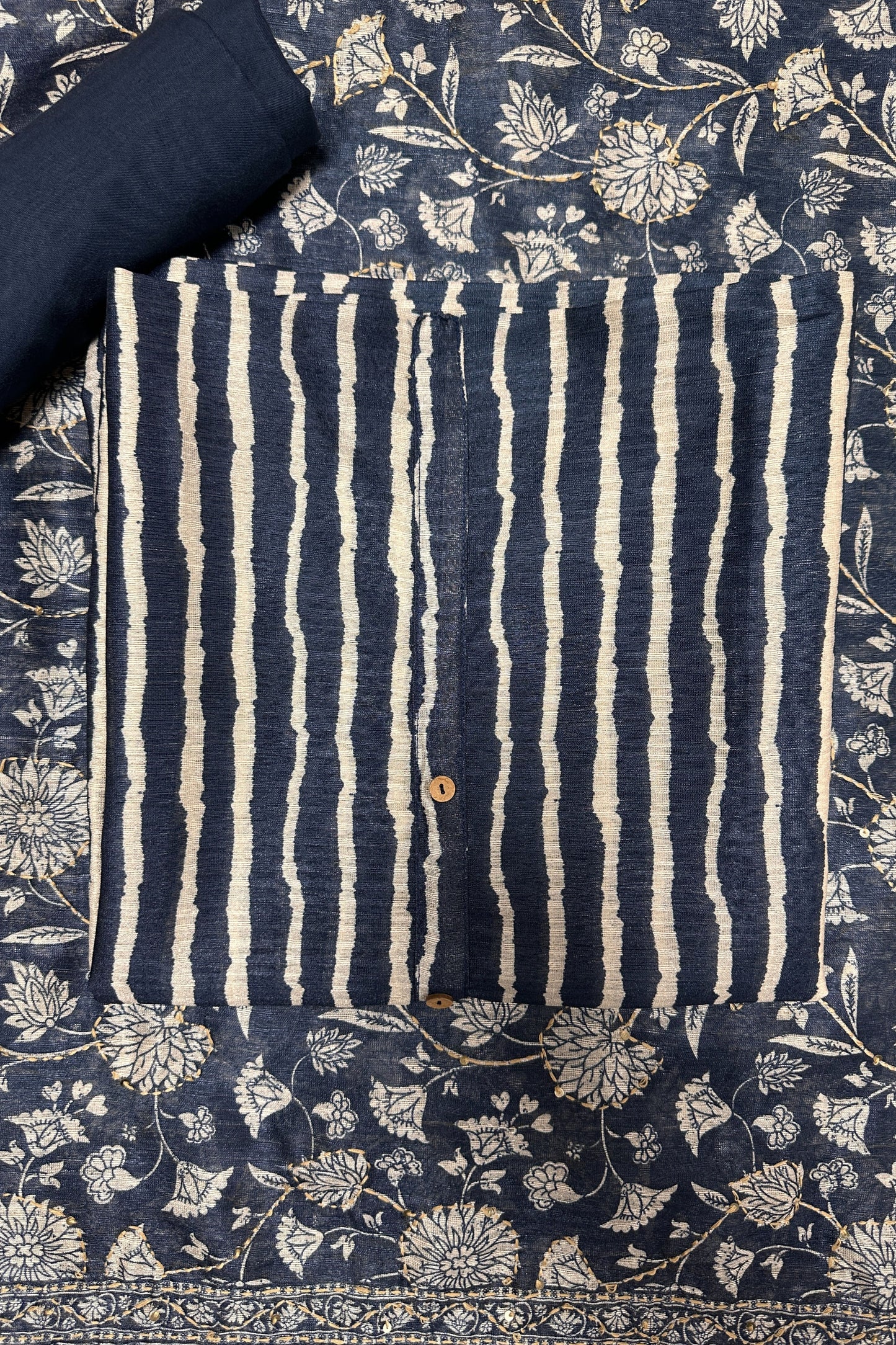 Striped Navy Blue Colour 3 piece Unstitched Suit Set