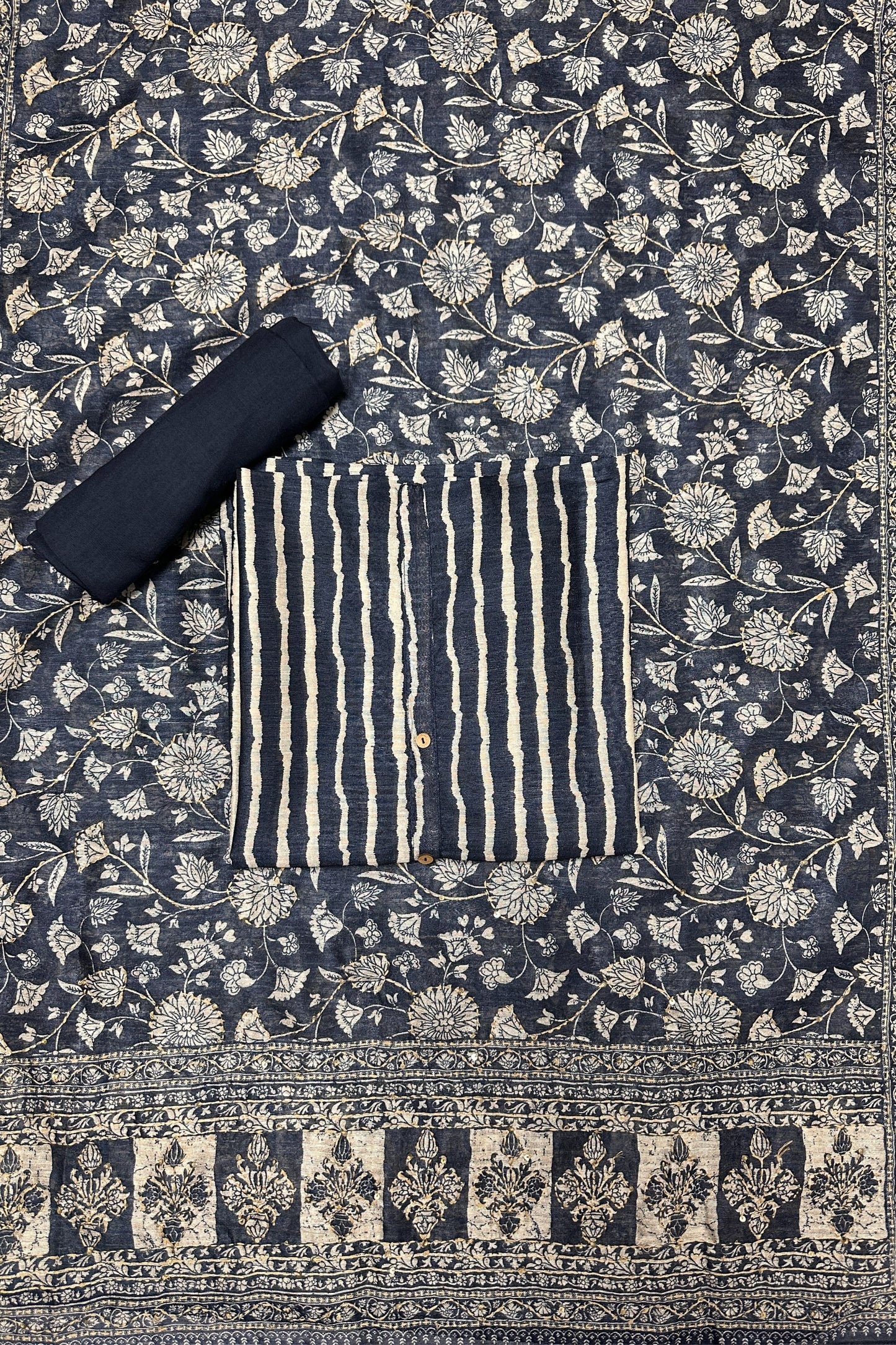 Striped Navy Blue Colour 3 piece Unstitched Suit Set