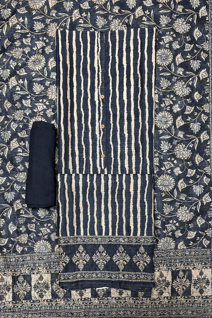 Striped Navy Blue Colour 3 piece Unstitched Suit Set