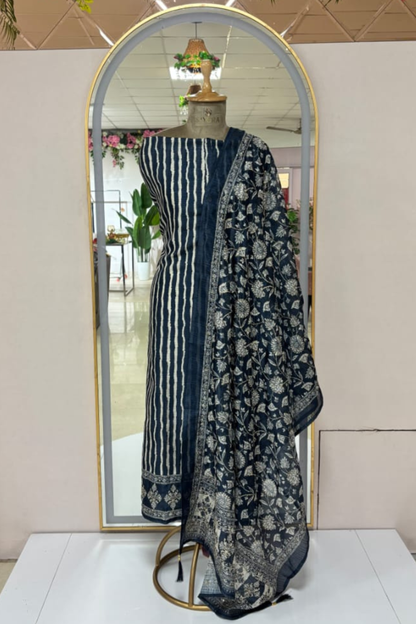Striped Navy Blue Colour 3 piece Unstitched Suit Set