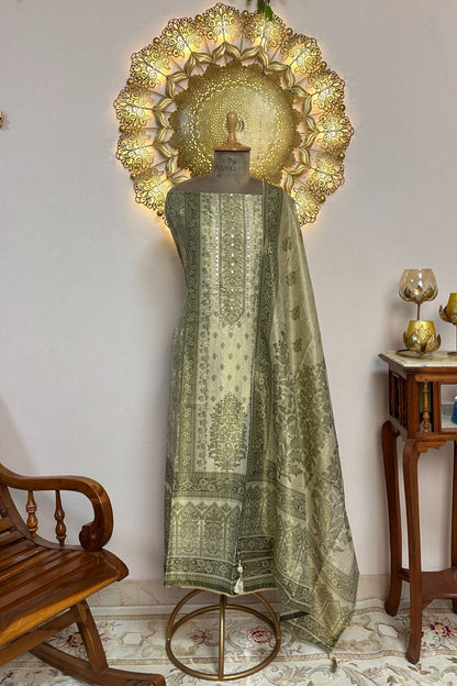 Tissue Silk Olive Green Digital Printed Panelled Unstitched Suit Set
