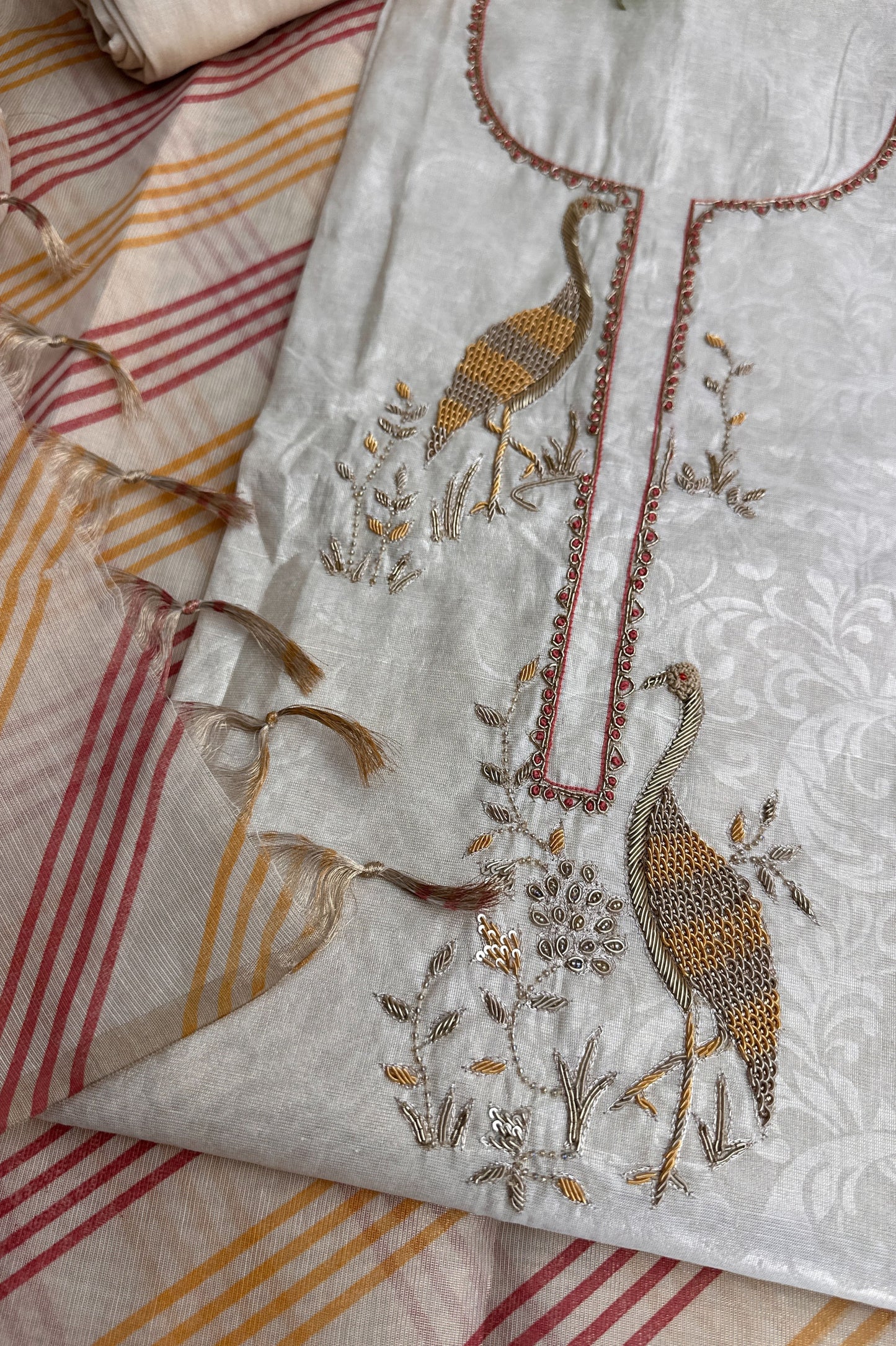 Tissue Flamingo Zardozi Embroidered Unstitched Suit Set
