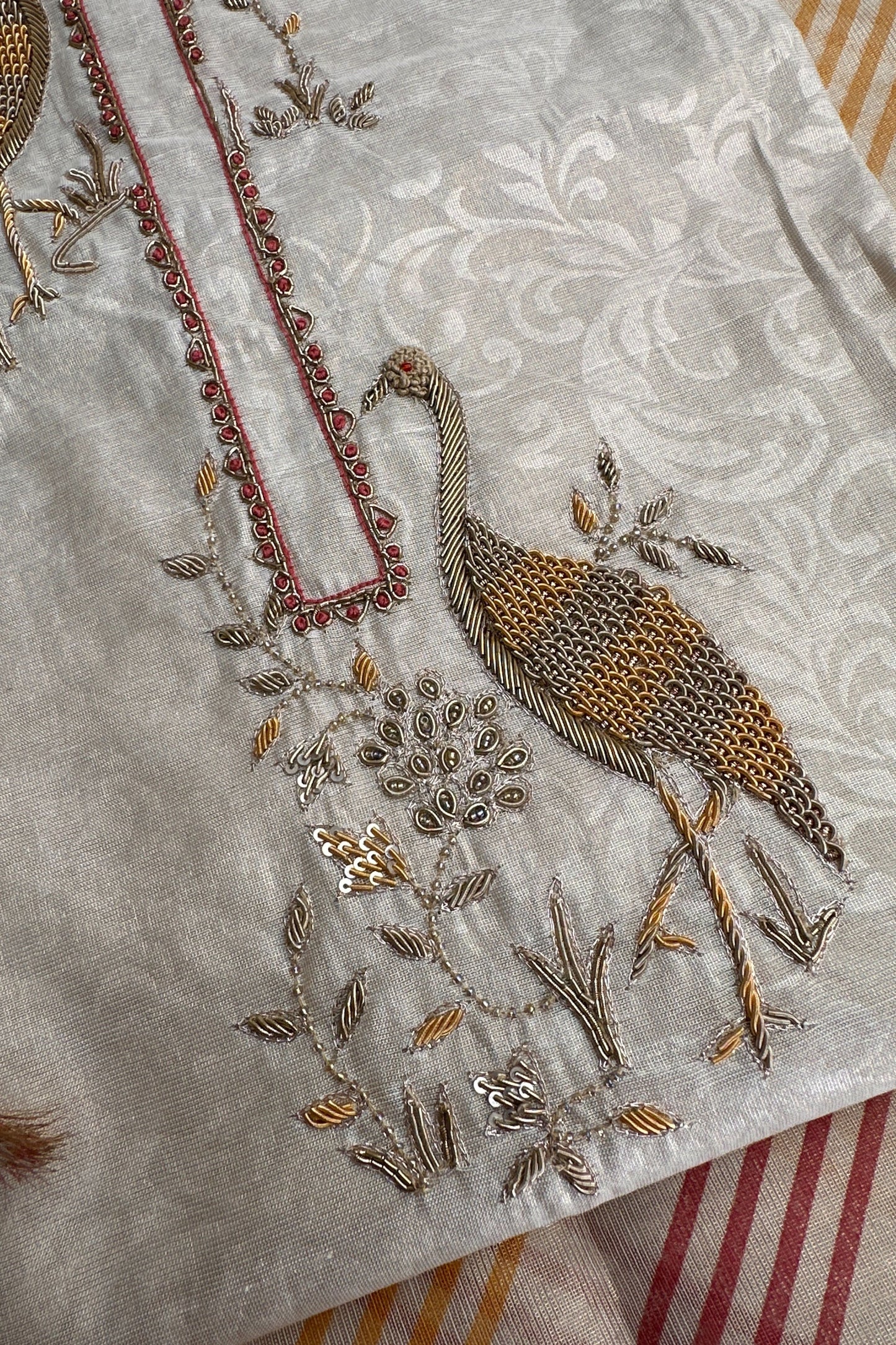 Tissue Flamingo Zardozi Embroidered Unstitched Suit Set