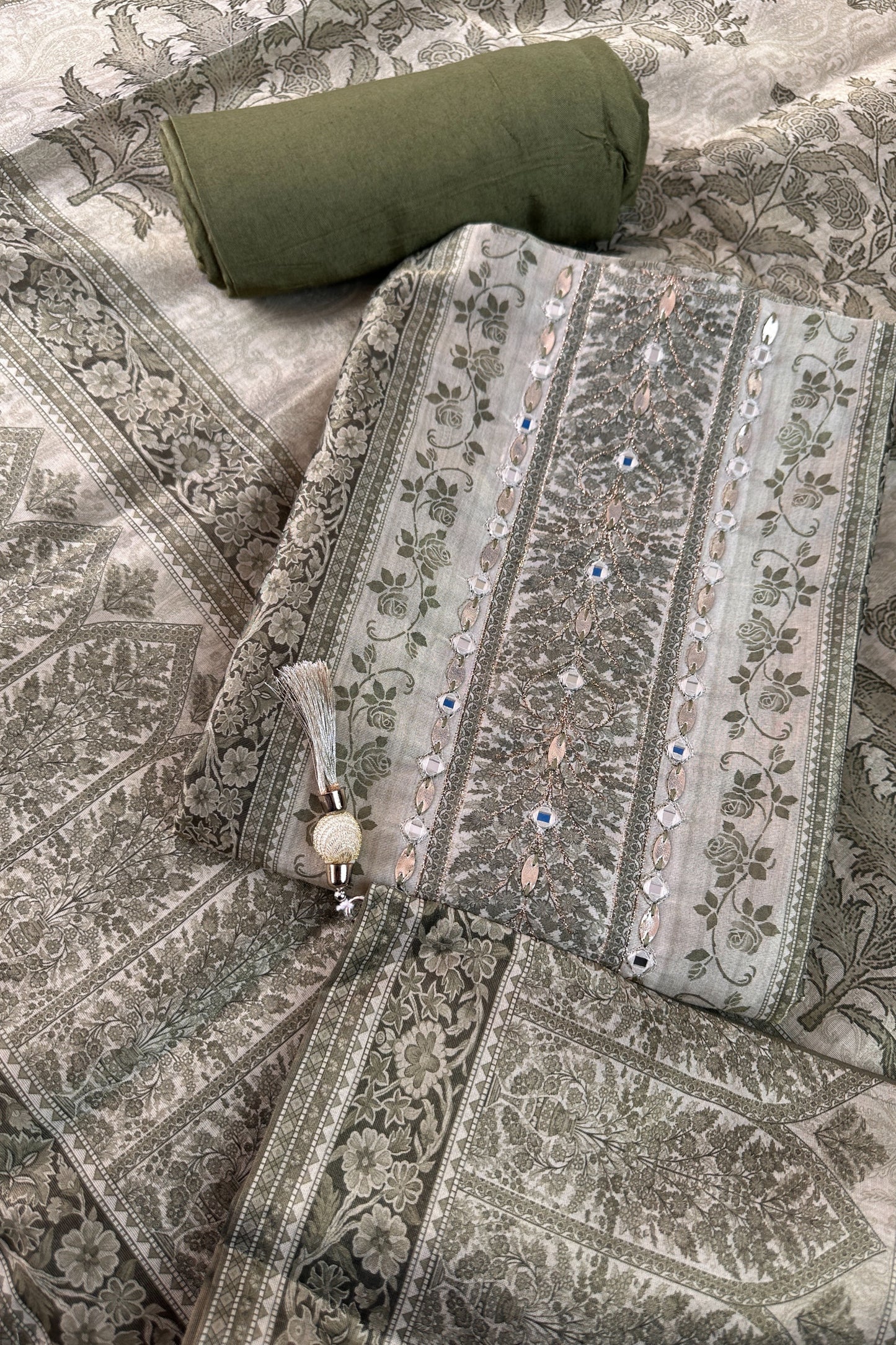 Tissue Silk Olive Green Digital Printed Panelled Unstitched Suit Set