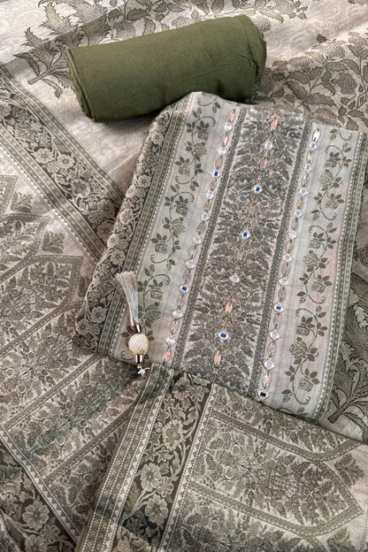 Tissue Silk Olive Green Digital Printed Panelled Unstitched Suit Set