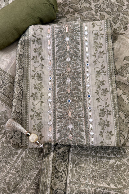 Tissue Silk Olive Green Digital Printed Panelled Unstitched Suit Set
