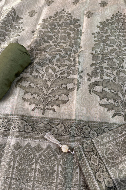 Tissue Silk Olive Green Digital Printed Panelled Unstitched Suit Set