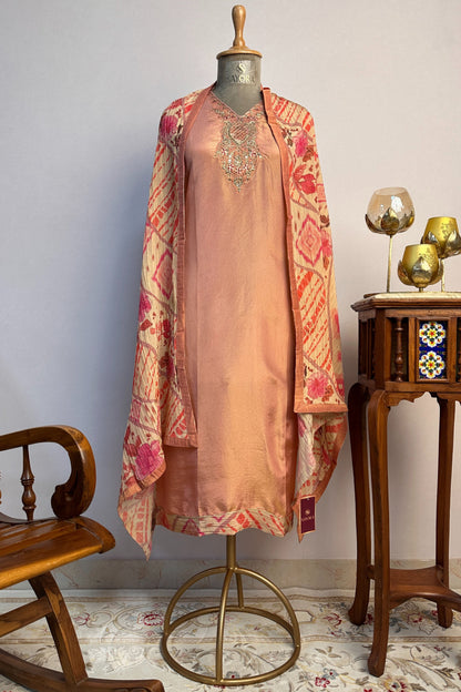 Tissue Silk Peach Shaded Hand Embroidered Sequin Detailed Unstitched Suit Set
