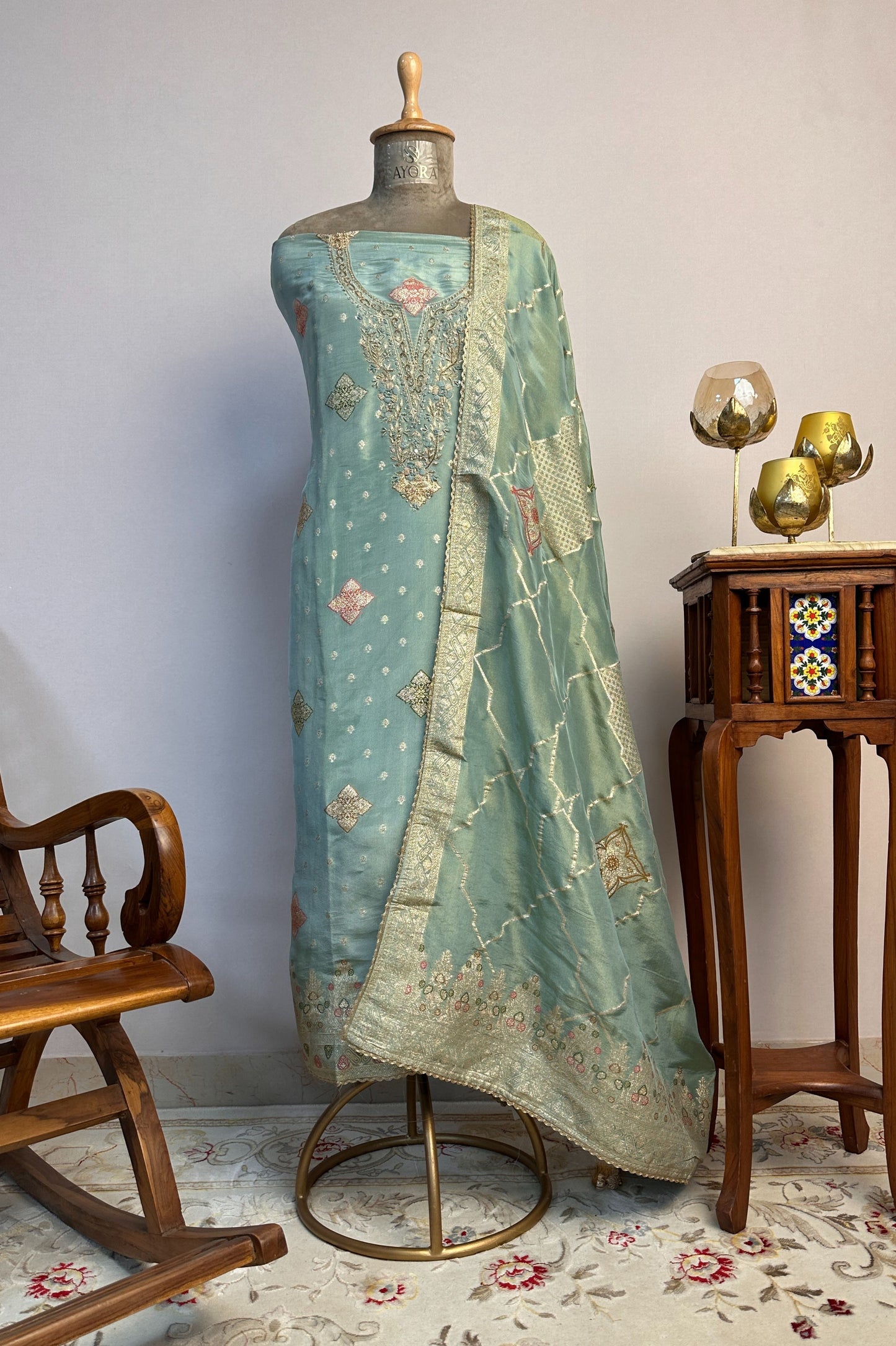 Tissue Silk Sage Green Hand Embroidered Banarasi weaved Unstitched Suit set