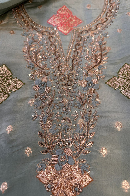 Tissue Silk Sage Green Hand Embroidered Banarasi weaved Unstitched Suit set