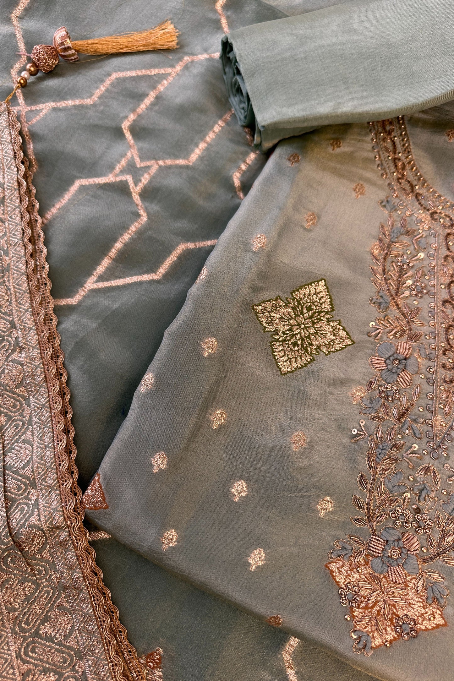 Tissue Silk Sage Green Hand Embroidered Banarasi weaved Unstitched Suit set