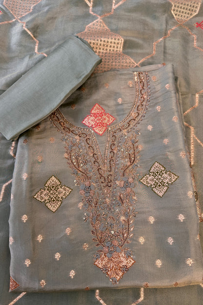 Tissue Silk Sage Green Hand Embroidered Banarasi weaved Unstitched Suit set