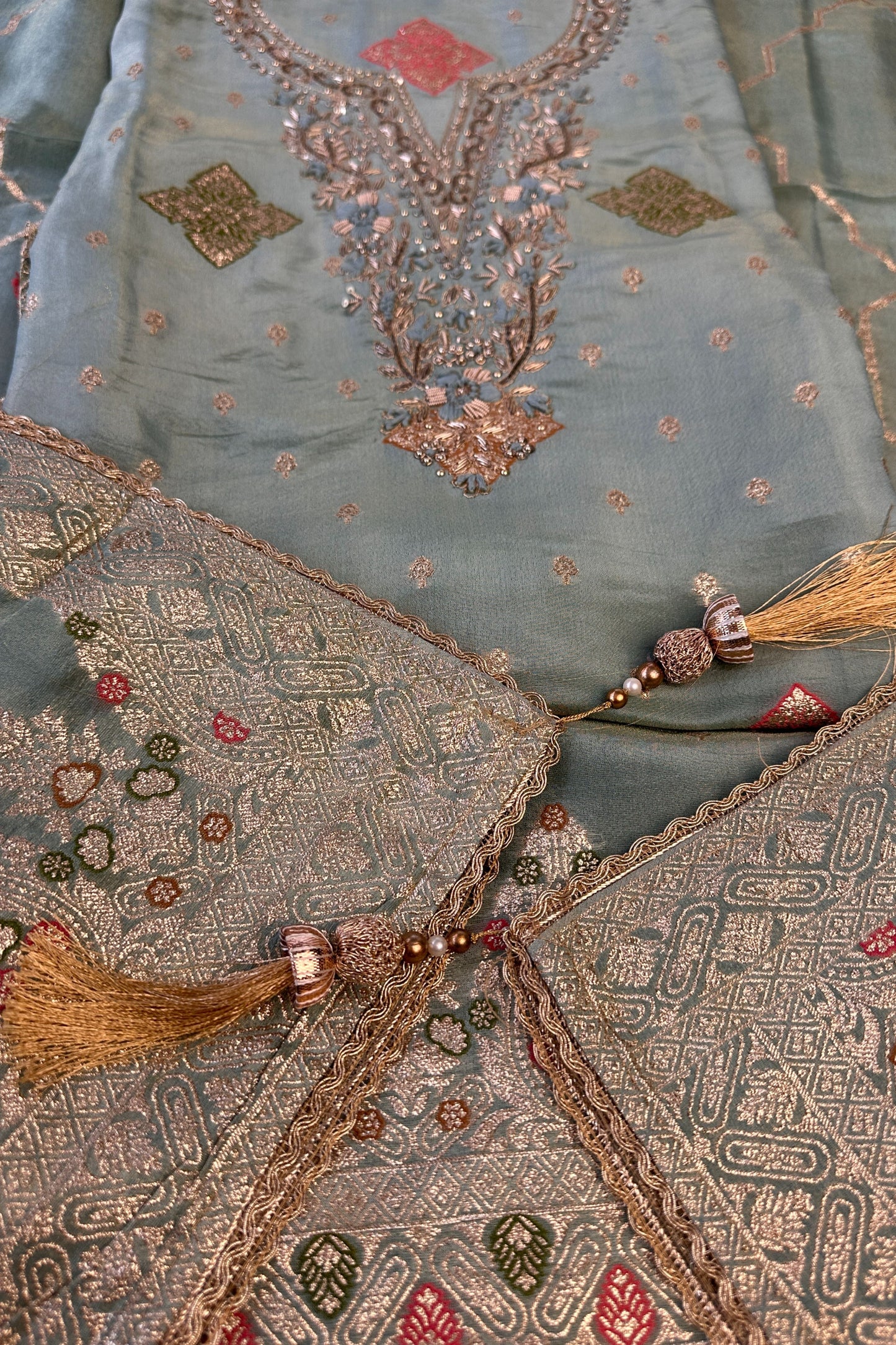 Tissue Silk Sage Green Hand Embroidered Banarasi weaved Unstitched Suit set