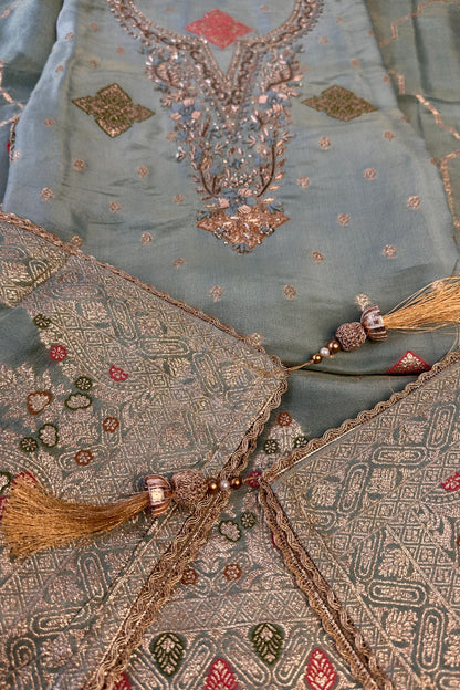 Tissue Silk Sage Green Hand Embroidered Banarasi weaved Unstitched Suit set
