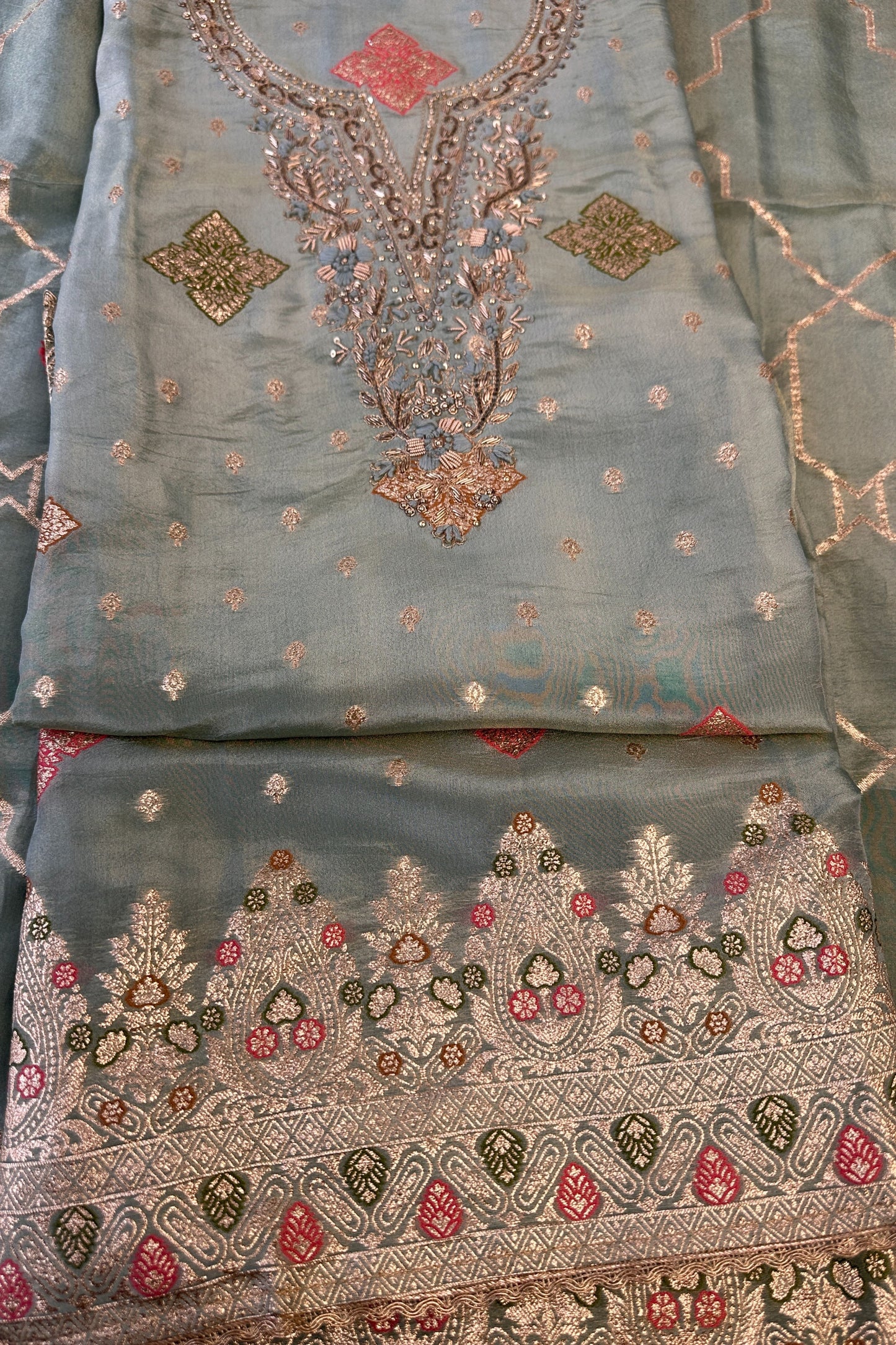 Tissue Silk Sage Green Hand Embroidered Banarasi weaved Unstitched Suit set