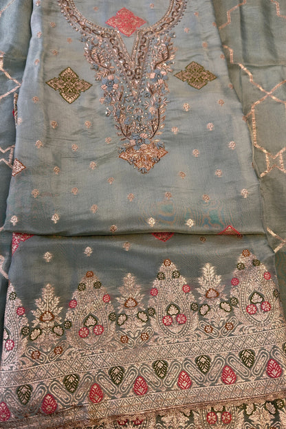 Tissue Silk Sage Green Hand Embroidered Banarasi weaved Unstitched Suit set