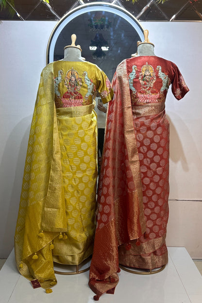 Tissue Silk Saree with Stitched Goddess Laxmi Designer Blouse