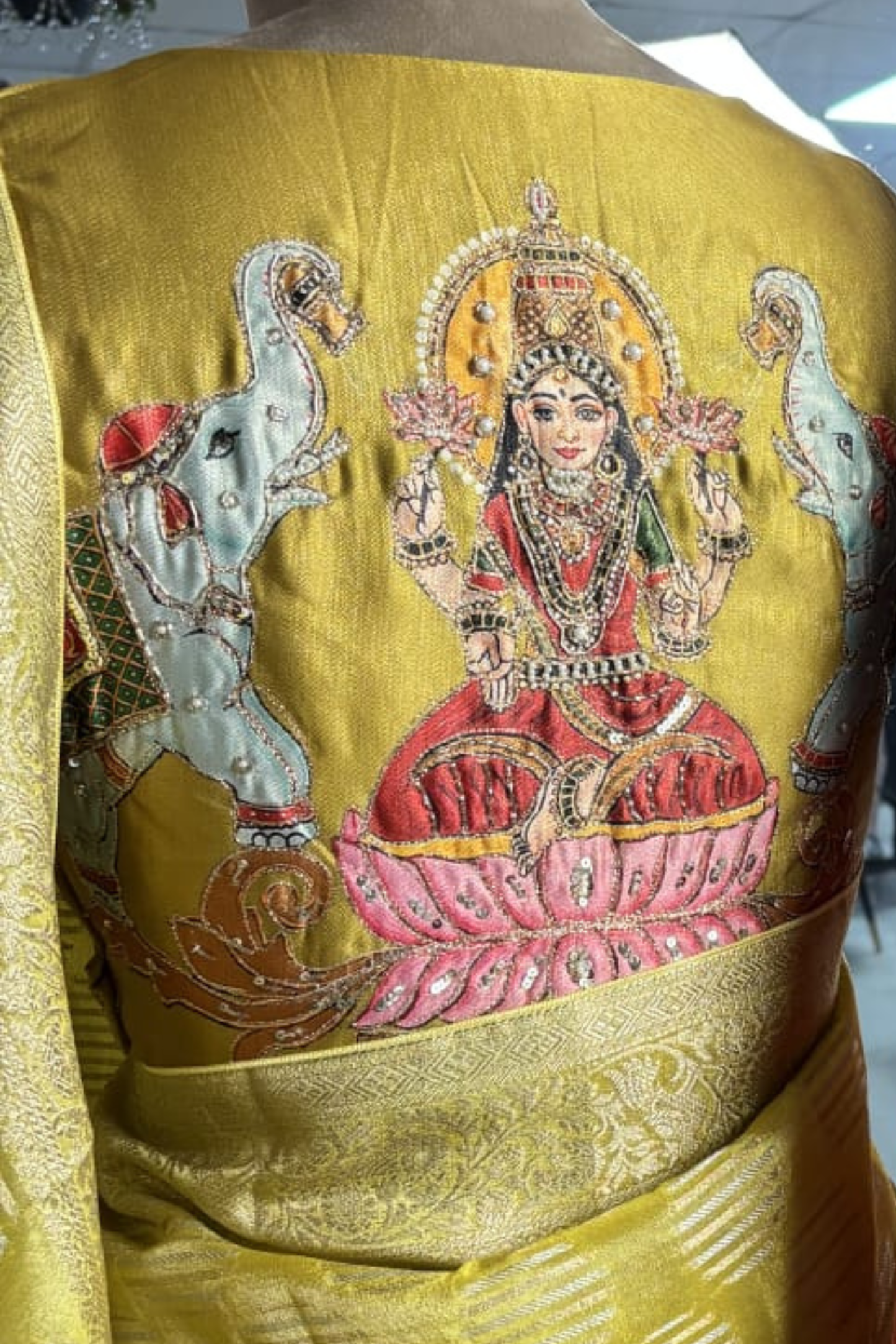 Tissue Silk Saree with Stitched Goddess Laxmi Designer Blouse