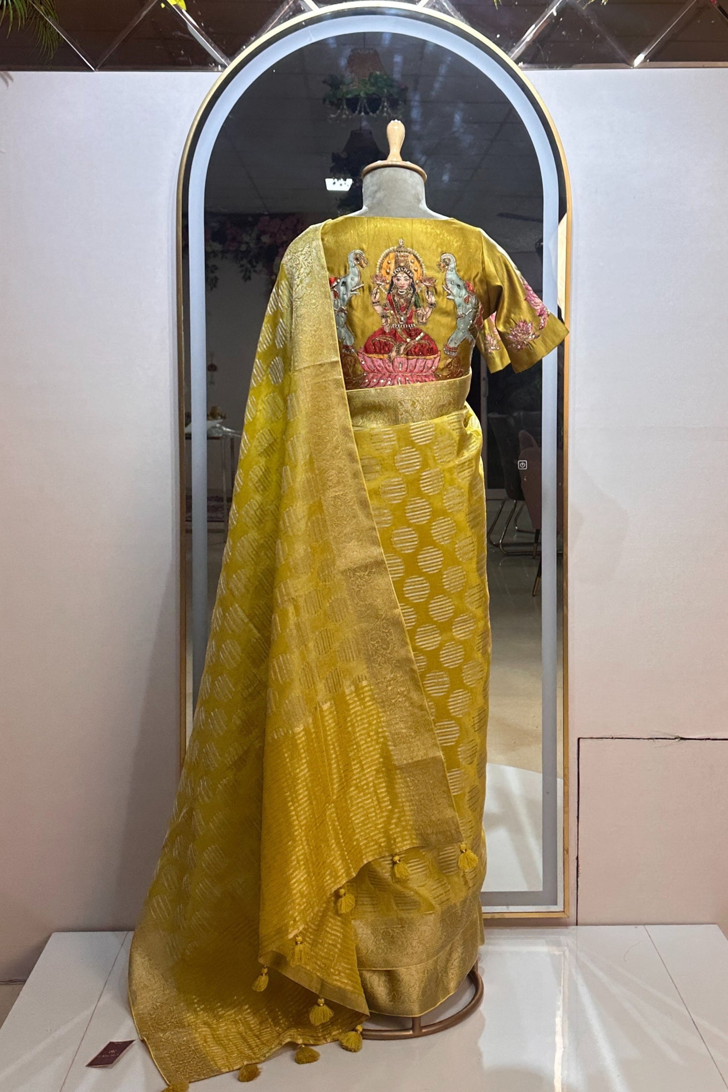 Tissue Silk Saree with Stitched Goddess Laxmi Designer Blouse