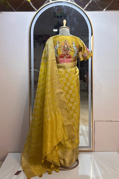 Tissue Silk Saree with Stitched Goddess Laxmi Designer Blouse